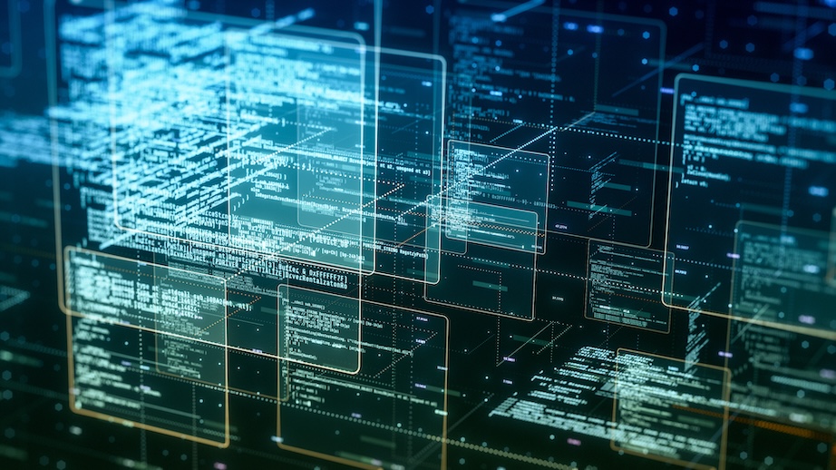 Datenschutzerklärung Abstract network with random programming code, web and software development concept, futuristic technology, digital connectivity, cyber space (3d render)